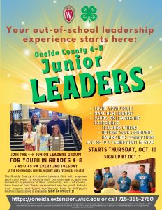 NEW! Oneida County 4-H Junior Leaders Program! Starts in October!