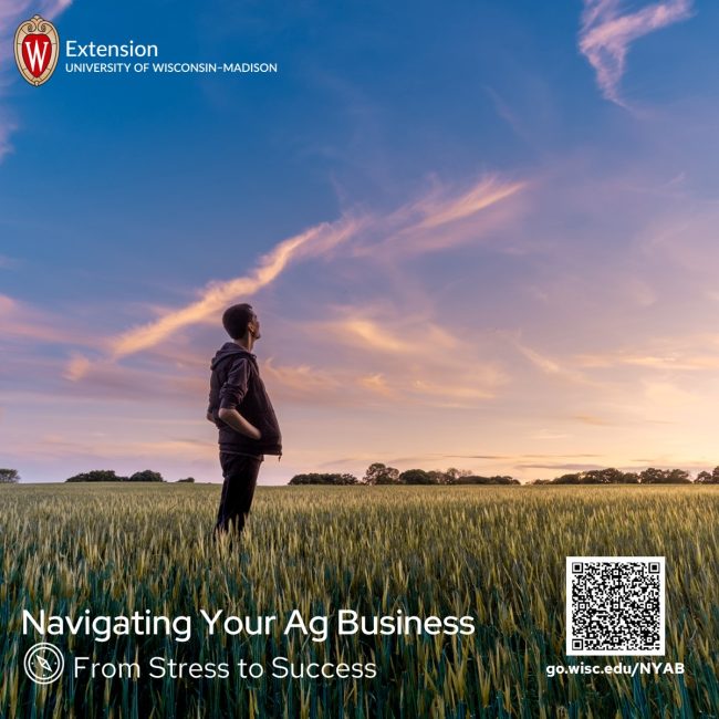 Image of person watching sunset in field with the text, Navigating Your Ag Business: From Stress to Success and the link go.wisc.edu/NYAB