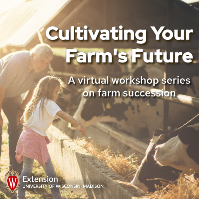 A farmer stands next to his young daughter near a feed bunk with Holstein cattle eating from the feed bunk. 