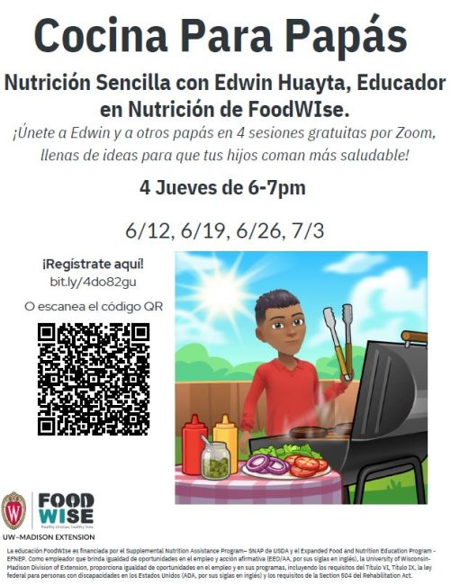Cartoon father stands in front of a grill with tongs next to a table with condiments and sliced vegetables.