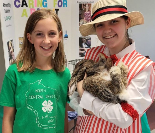 A youth in a green 4-H shirt, and another youth in a red and white striped carnival shirt stand close together and smile at the camera while holding a rabbit.