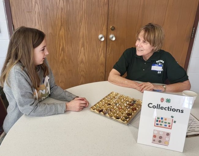 An adult volunteer and girl sit at a table together and discuss the rock collection the girl is displaying at the expo.