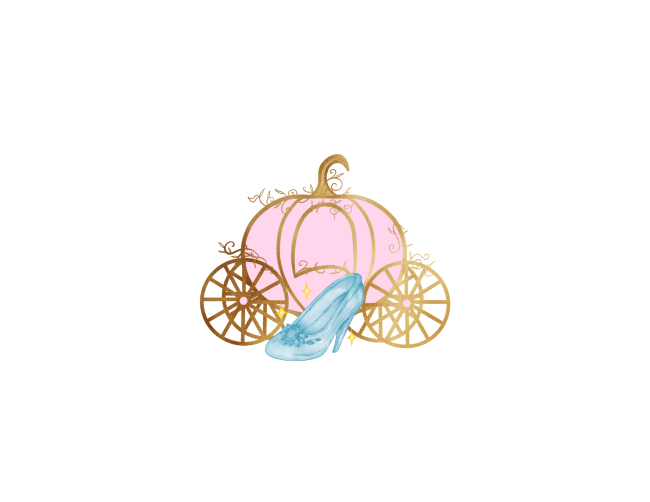 Photo of a pink pumpkin carriage with a glass slipper in front.