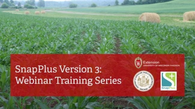 SnapPlus Version 3 Webinar Training Series – [TOPIC] – [DATE], 11am–12:30pm, overlaid on a photo of a corn field.